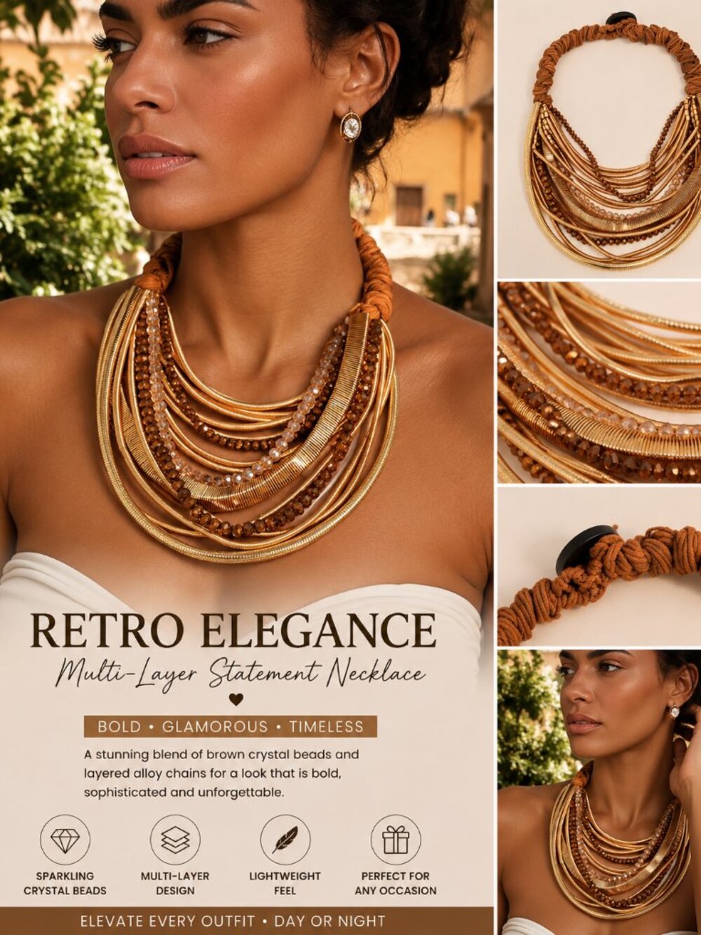 Retro Brown Crystal Multi-Layer Statement Necklace